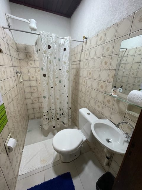 Banheiro com chuveiro, vaso sanitário, pia e espelho.