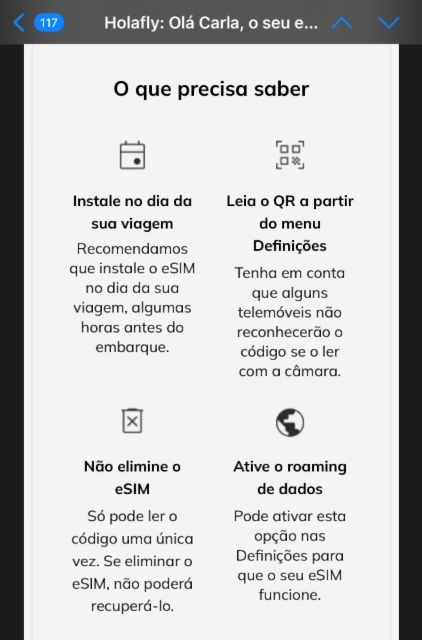 instruções para instalar o e-sim da Holafly